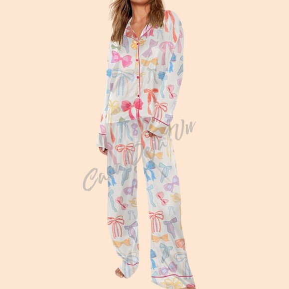 Soft Silky Oversized Pastel Bows Ribbona Wide Leg PJs 2 pc Set - Picture 7 of 10
